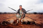 American hunter Gene Morris with two blesbkos he killed almost simultaneously with spears in Afr.jpg