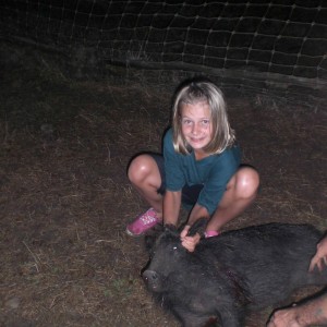 My daughter's wild boar shot at 164 meters standing, not bad!