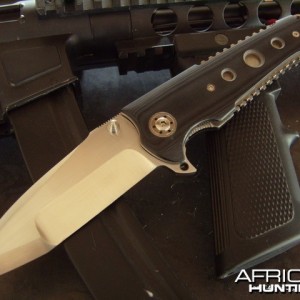 a tactical folding knife, with titanium and G10 frame