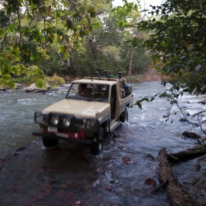 Land Cruiser crossing wide river in CAR