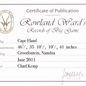 Cape Eland Rowland Ward Record Certificate