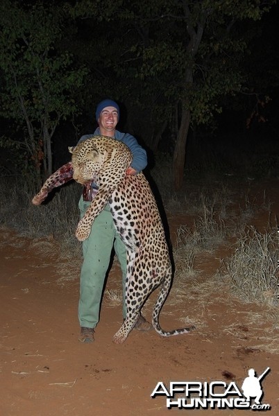 My friend PH Shaun Buffee with the leopard I shot with the 338