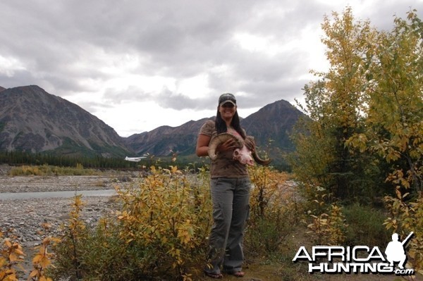 My wife with her Dall Sheep hunted in Alaska