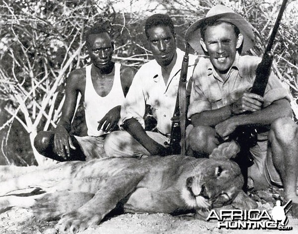 Big-Game Hunter John Kingsley-Heath with a stock-killing lioness he shot in