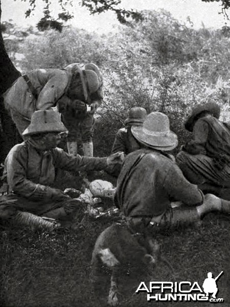 Noon at Ugami, Sir Alfred Pease bending over behind Theodore Roosevelt