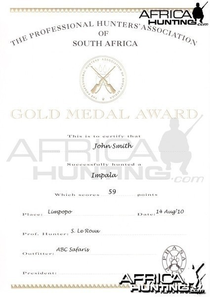 Professional Hunters' Association of South Africa (PHASA) Medal Certificate