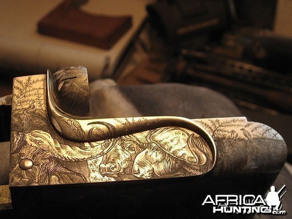 Cape Buffalo Engraving on Double Rifle