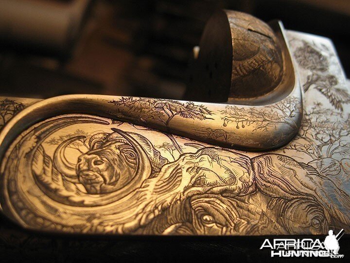 Cape Buffalo Engraving on Double Rifle