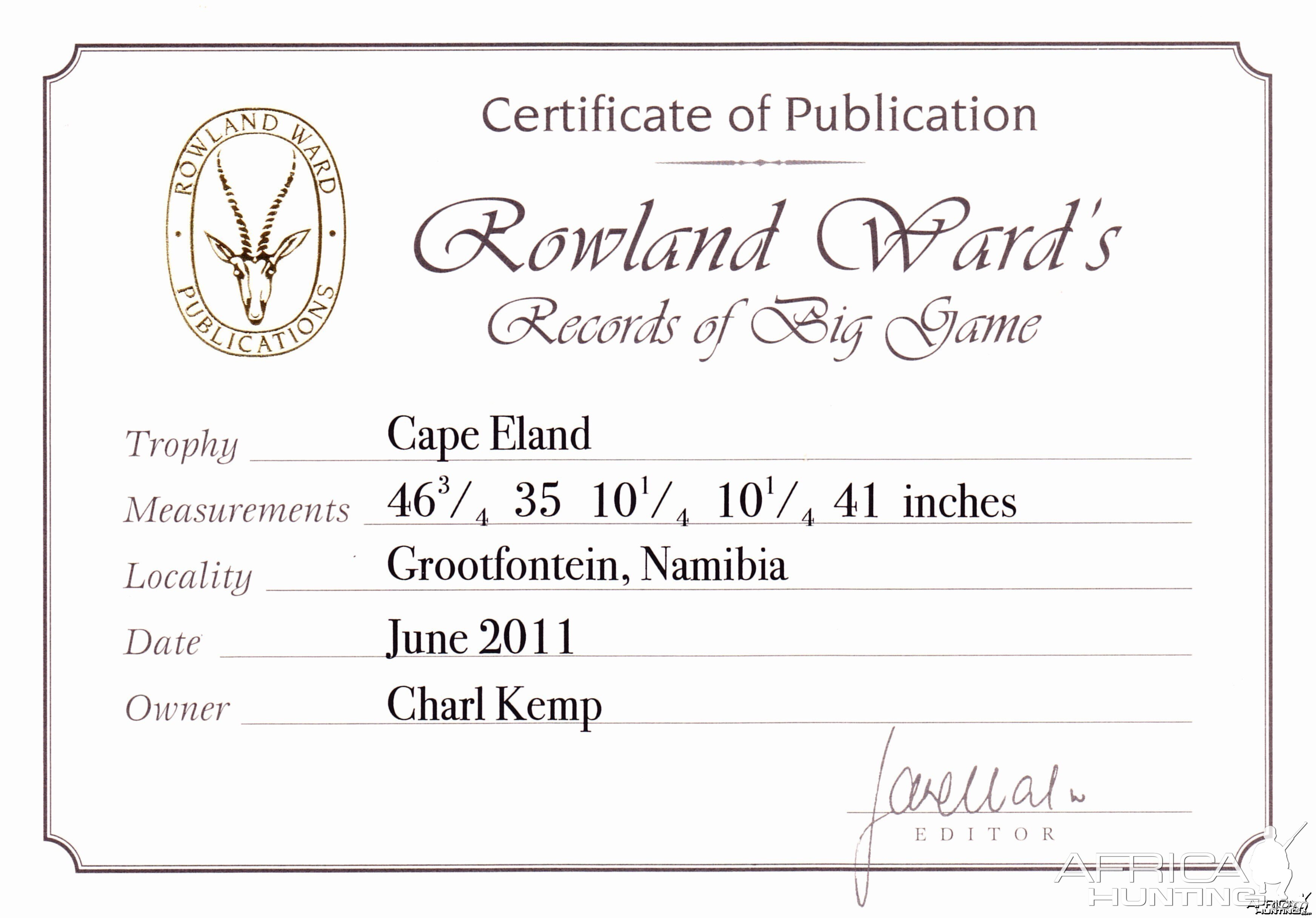 Cape Eland Rowland Ward Record Certificate
