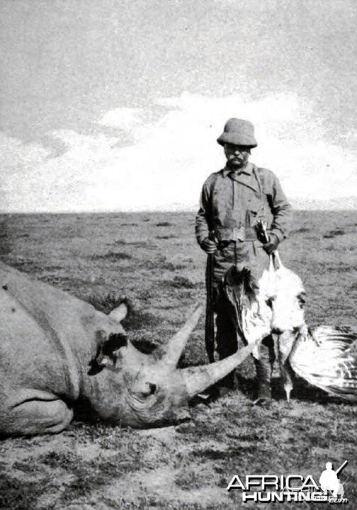 Theodore Roosevelt, rhino and bustard shot from rhino