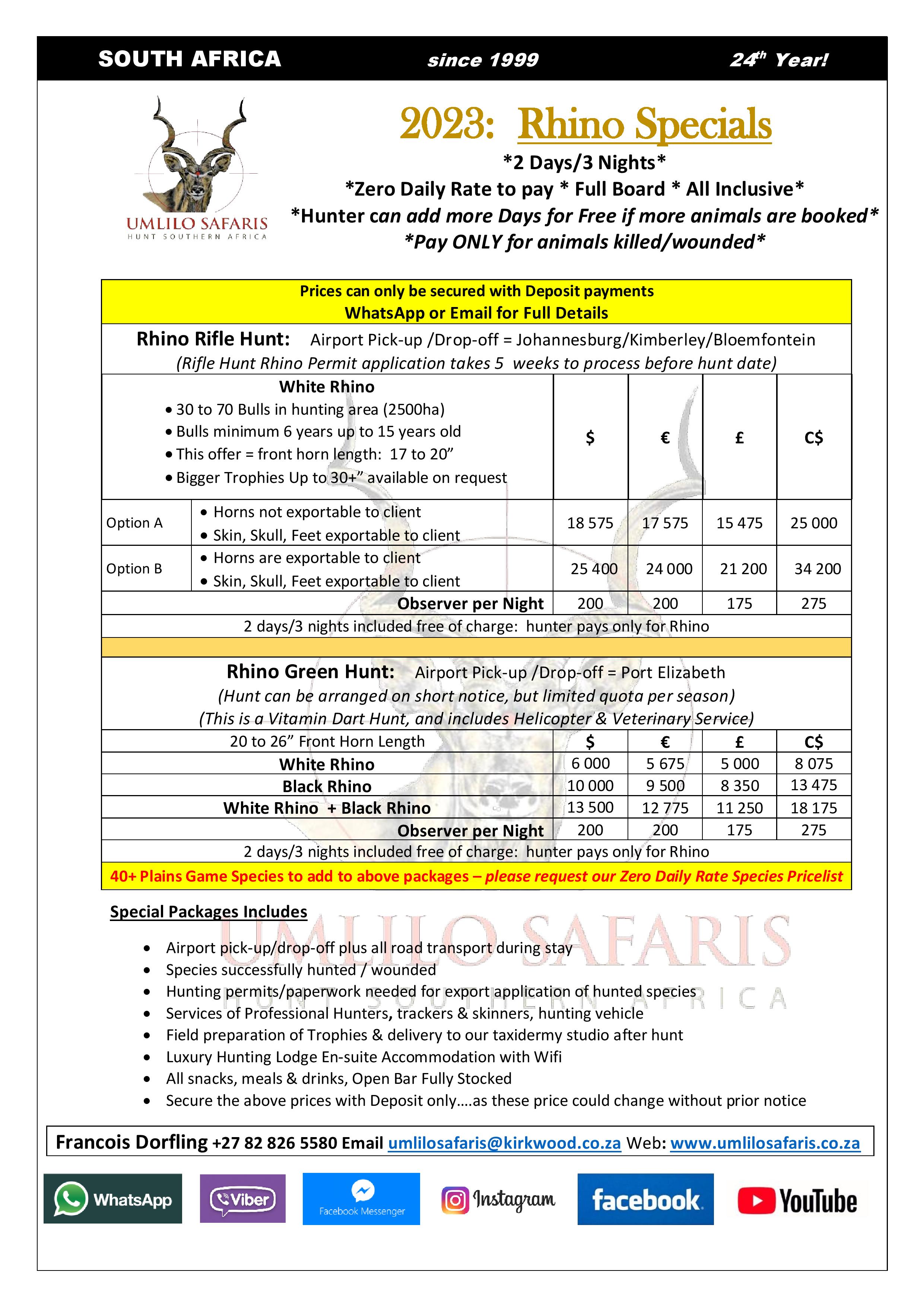 Rhino Hunt Specials South Africa 2023