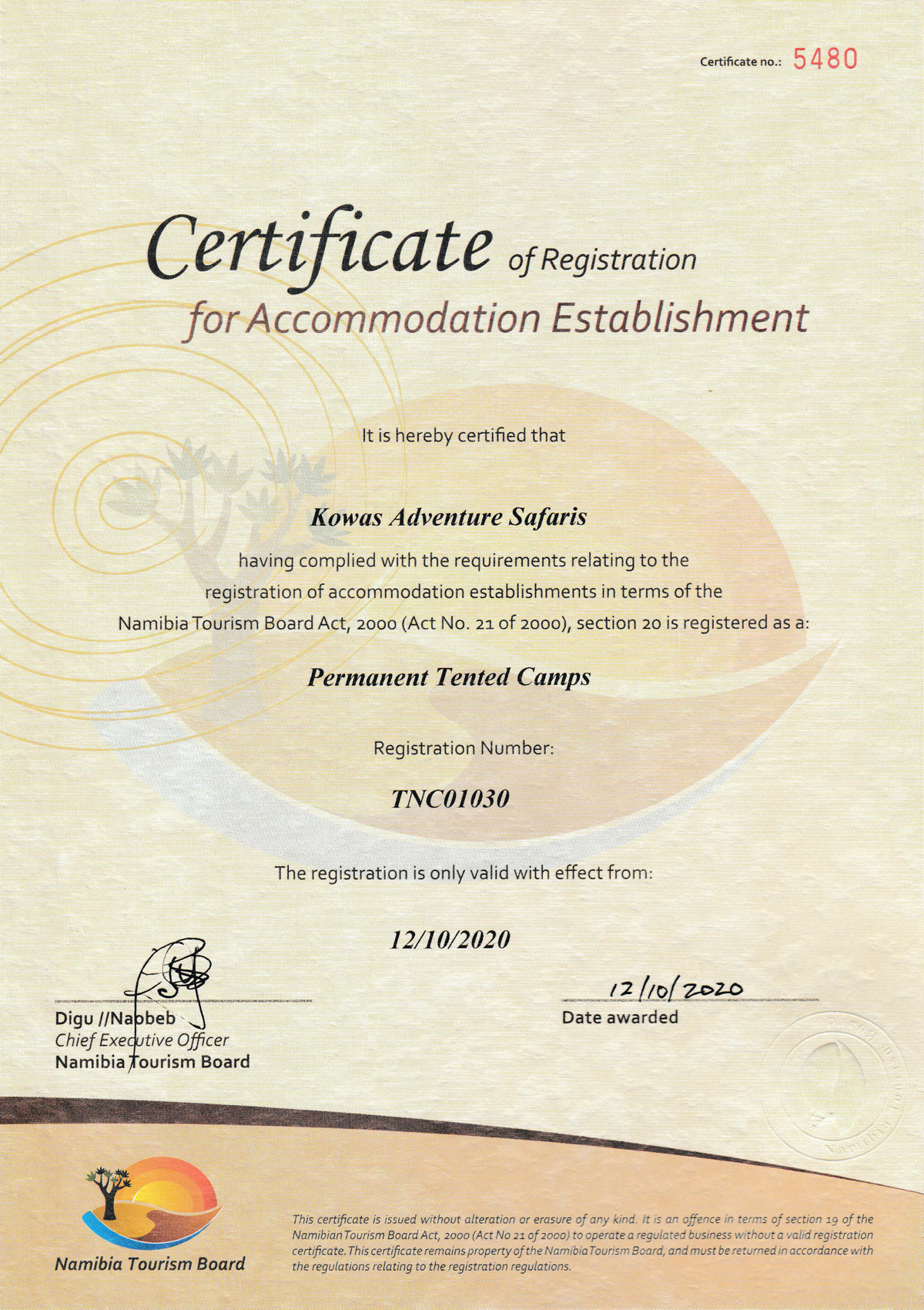 Kowas Adventure Safaris NTB Certificate for Mahango National Park.jpg