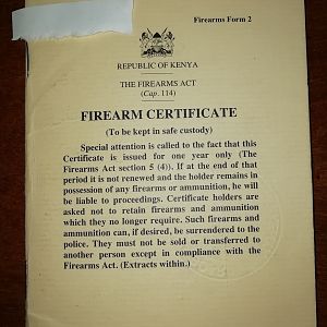 Old Tanzanian Firearm Certificate
