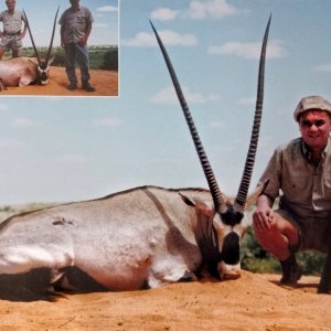 Pierluigi Peroni with the SCI No. 5 Gemsbok, guided by Dirk de Bod-Kalahari Desert, Namibia