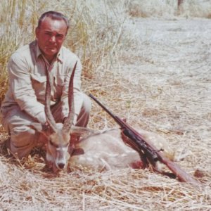 PH Chris Vivier with an incredible Chobe bushbuck-Zambia, 1960s