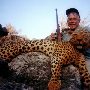 Holstein Hunting Safaris Namibia- client with a big Leopard