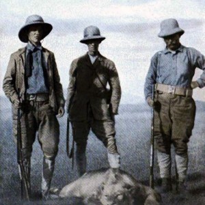 Theodore Roosevelt, Kermit Roosevelt and Sir Alfred Pease at the carcass of