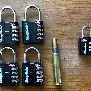 Large size TSA locks & .416 Rigby cartridge for scale