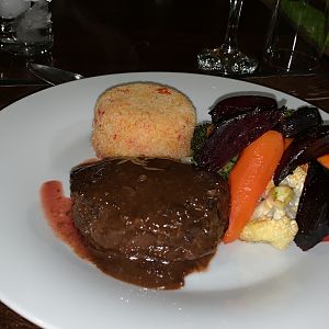 Kudu steak au jus, couscous, sautéed vegetables