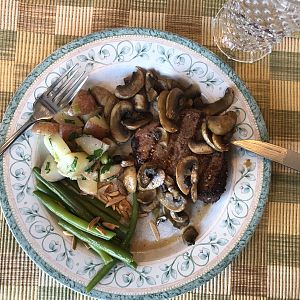 Beef fillet, green beans, potatoes, salad, and pumpkin pie