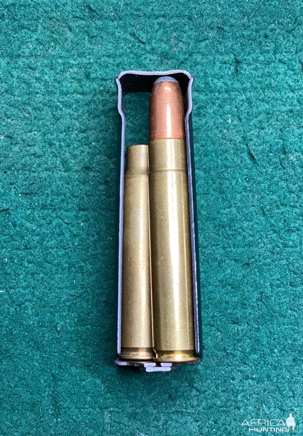 500gr Woodleigh bullet positioned in standard Ruger long action magazine box