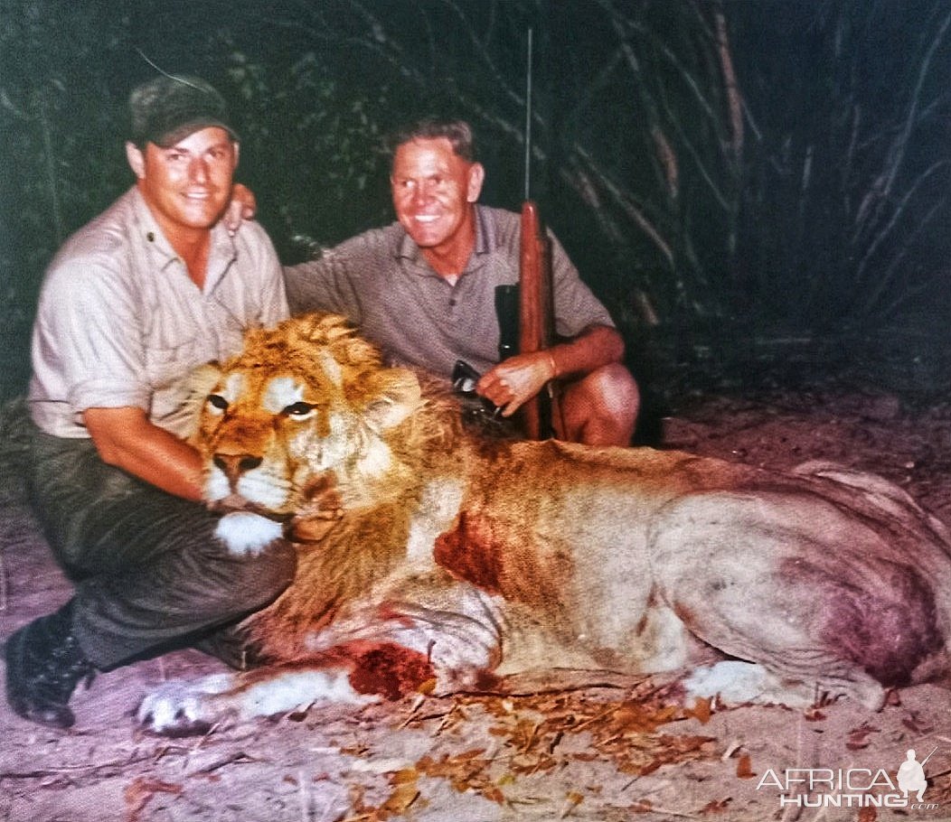 Dennis Blackbeard and Jess Beal with a magnificent lion-Northeastern Botswana