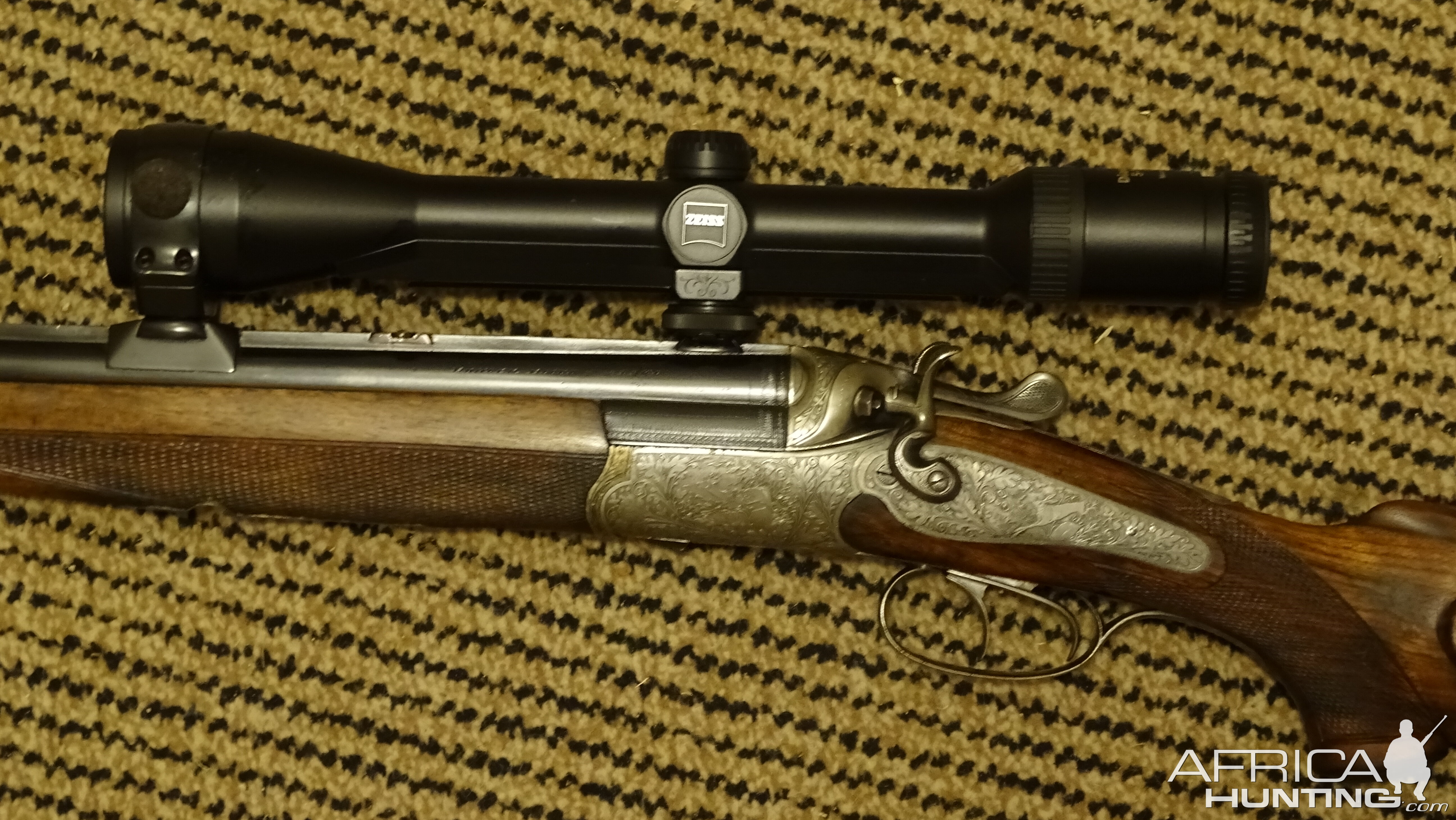 Ferlach over/under combination Hammer Gun 7x72R, 16ga 2 1/2" & Zeiss 5-15x42 Diavari on pivot mount