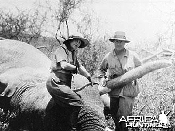 J.A. Hunter (right) and his client with an exceptionally fine bull Elephant