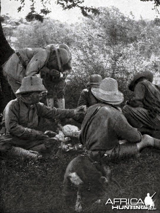 Noon at Ugami, Sir Alfred Pease bending over behind Theodore Roosevelt