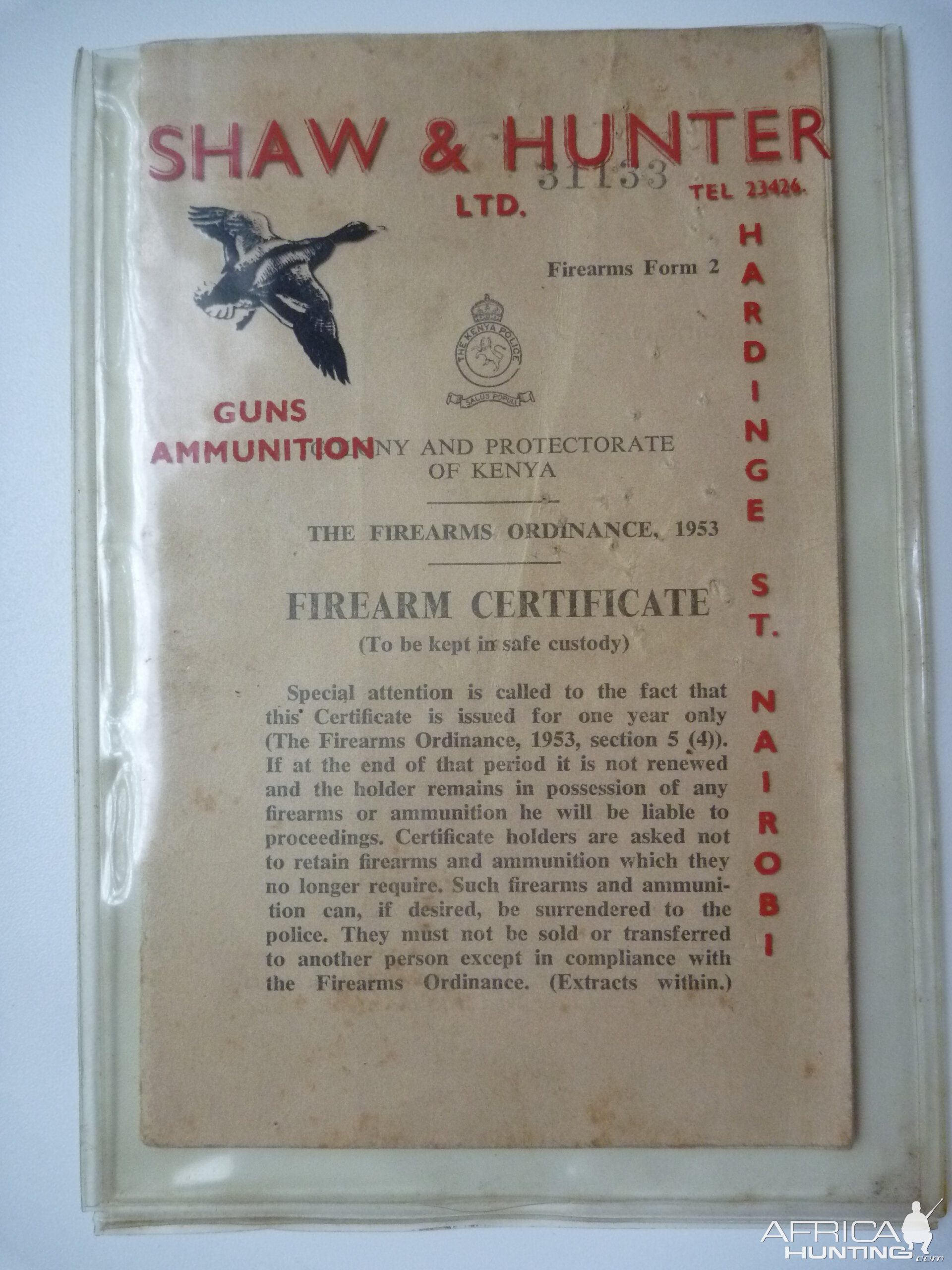 Old Kenyan Firearm Certificate