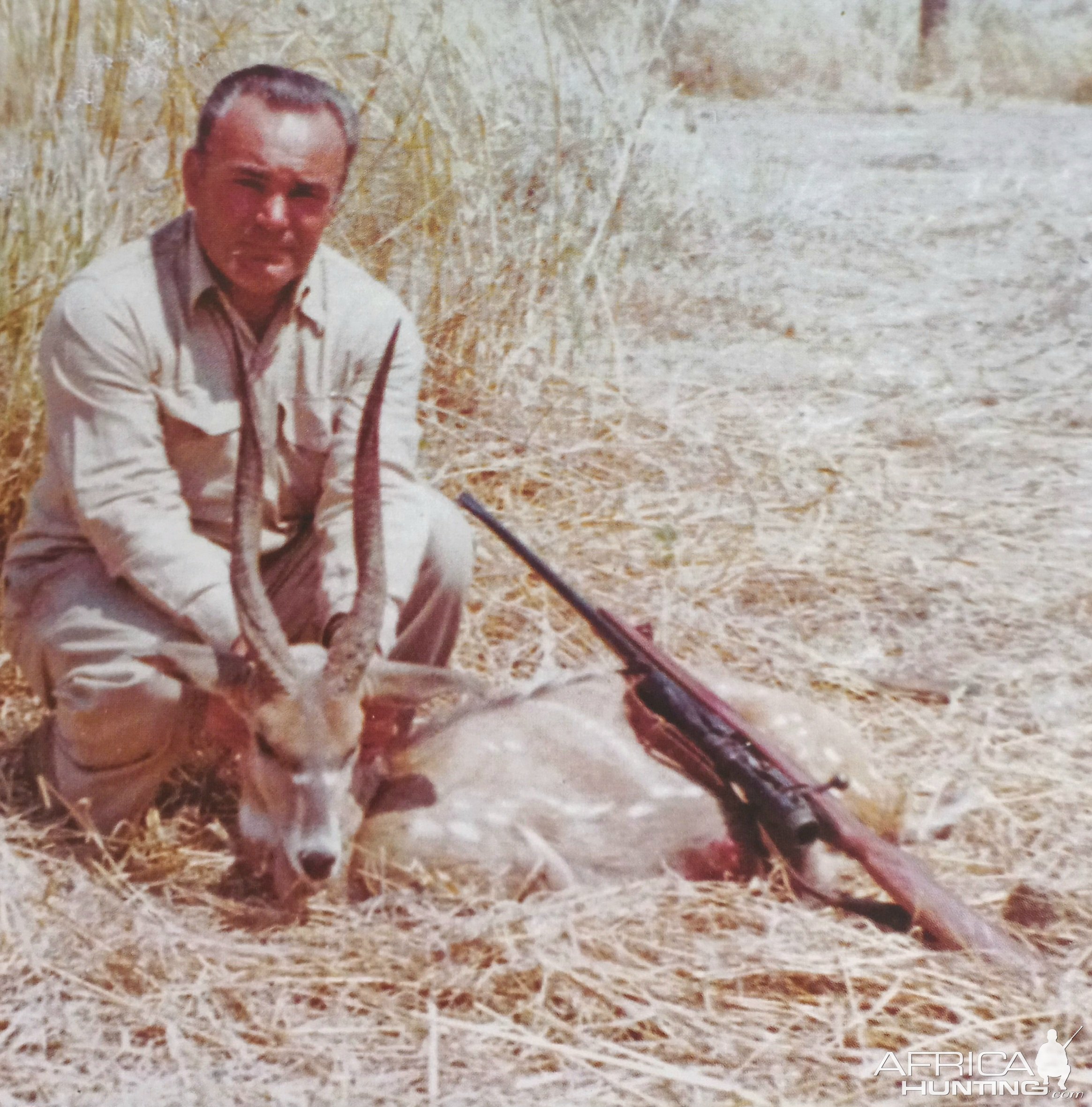 PH Chris Vivier with an incredible Chobe bushbuck-Zambia, 1960s