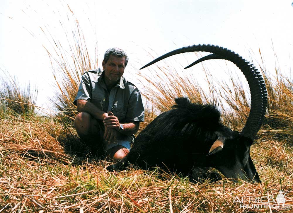 Ralf Schneider with his 48 1/4-inch sable-Mahango Game Park, Namibia